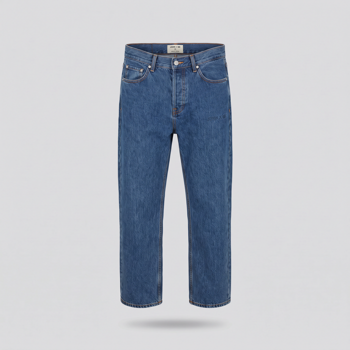Jean droit cinq poches, indigo, vue de face — John x Me