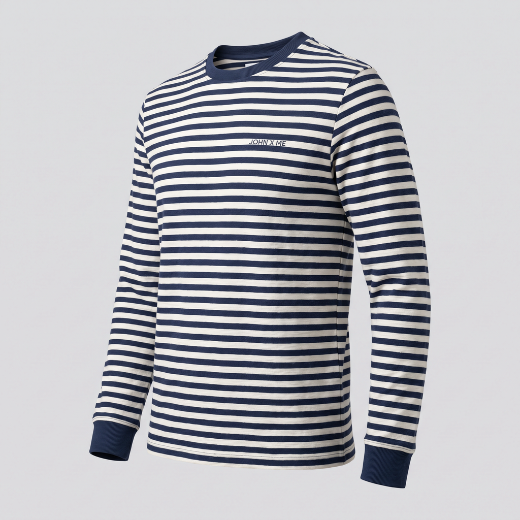 T-shirt jacquard rayé, marine, vue de trois-quarts — John x Me