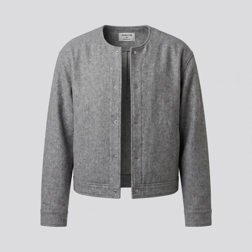 Veste sans col, gris chiné, vue de face — John x Me