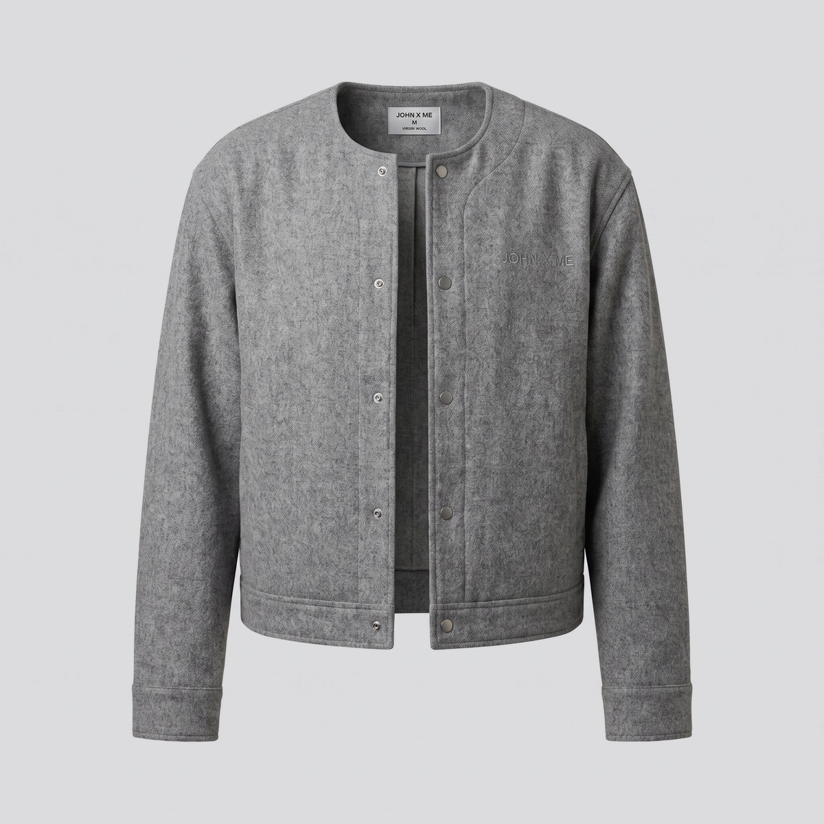 Veste sans col, gris chiné, vue de face — John x Me